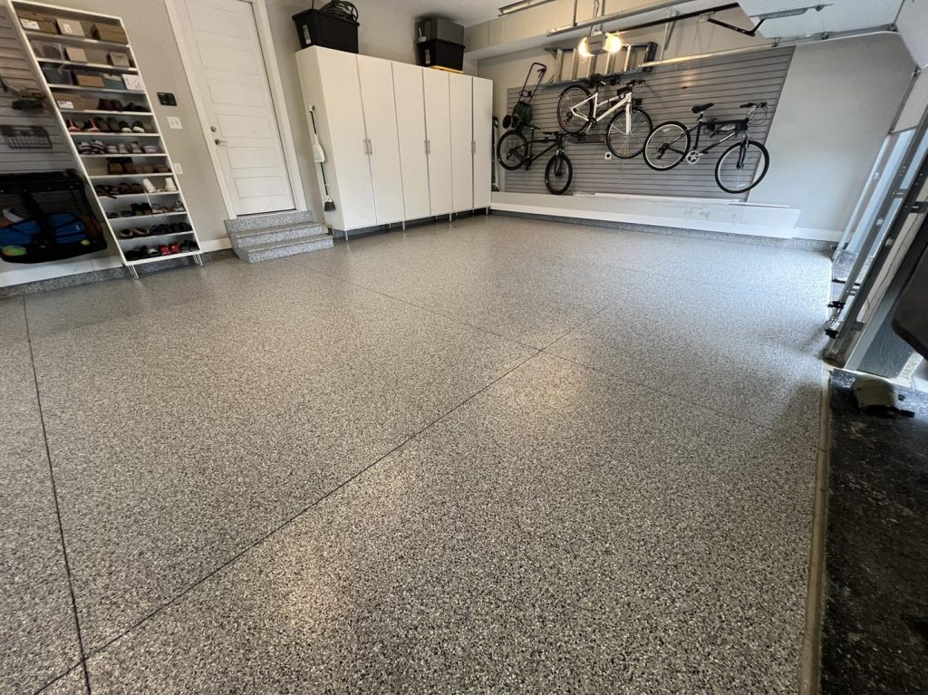 garage, garage floor, concrete coatings, epoxy flooring, polyurea flooring, full chip system, concrete sealer